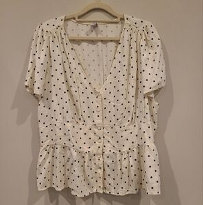 Old Navy Cream and Black Polka Dot Peplum Blouse